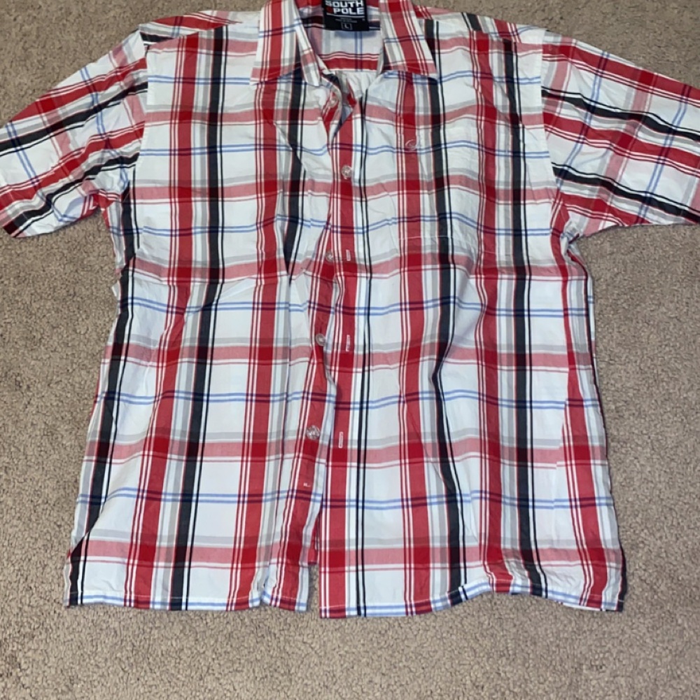South Pole Red and White Button Down Shirt Plaid Short Sleeve